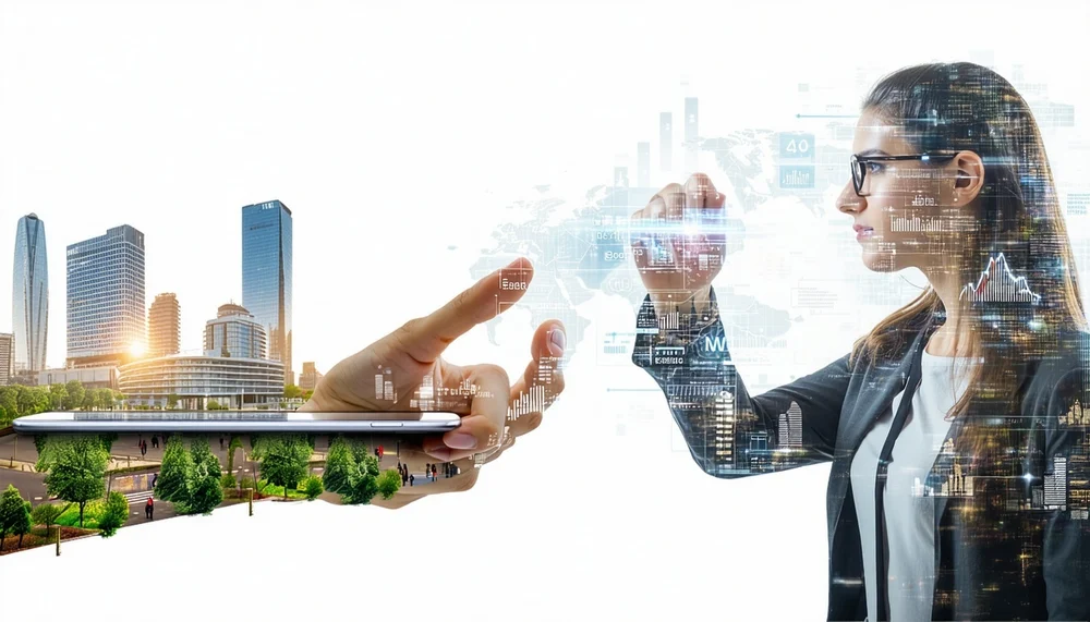 Transforma tu negocio con software, apps y redes sociales efectivas Hombre interactuando con interfaz holográfica representando desarrollo de software, apps y redes sociales